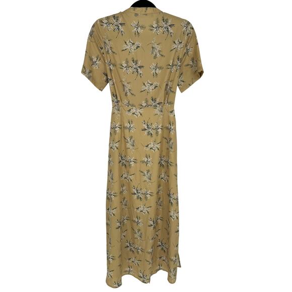 CAARA Lucca Midi Dress Yellow Green Floral Waist Tie Side Slits Vacay Office XS - Picture 3 of 11